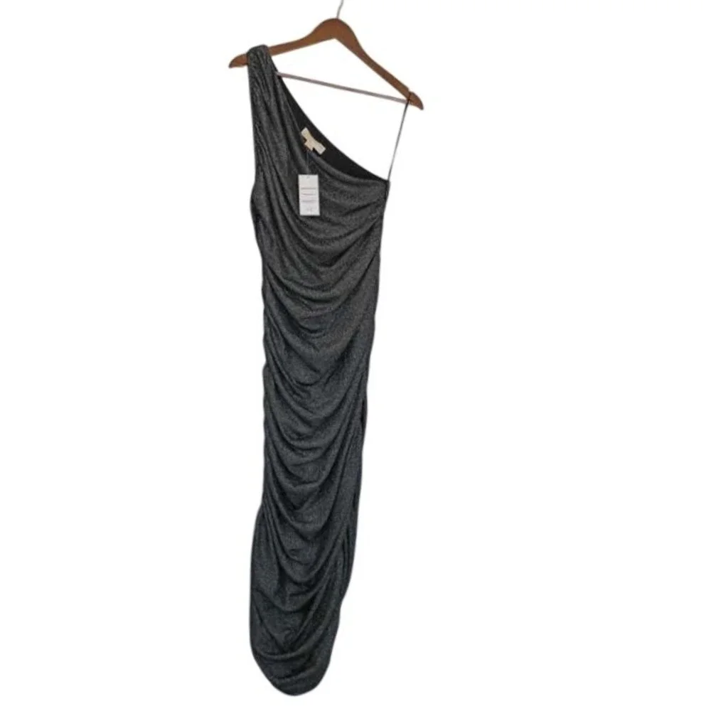 Michael Kors NWT One Shoulder Metallic Ruched Bodycon Dress XL Silver Black $295